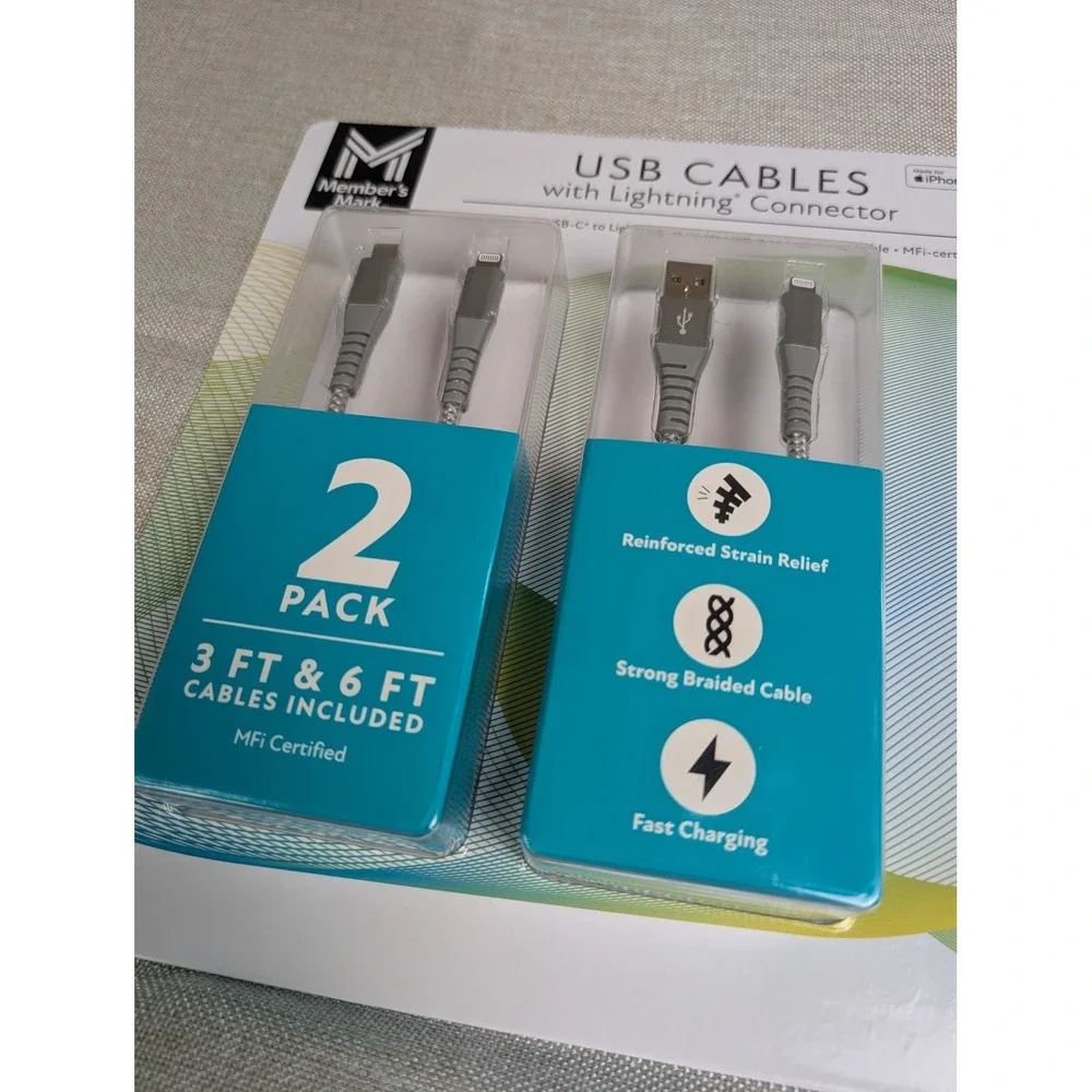 USB Lightning Cables  Silver NWT Braided 2 Pack 3ft 6ft